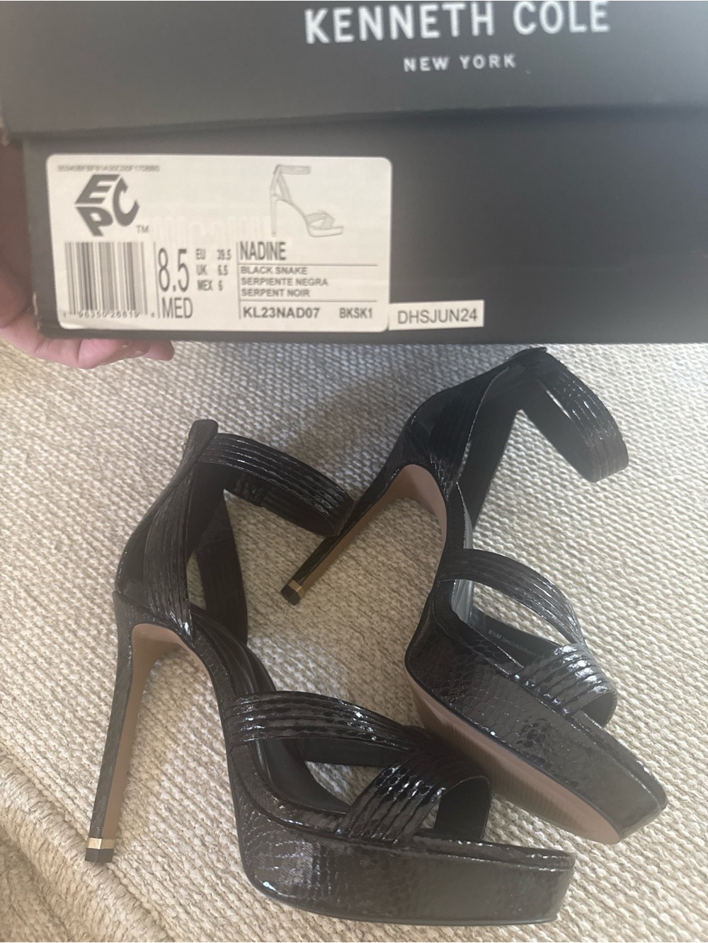 Kenneth Cole Black Snake-Embossed Platform Stiletto Sandals